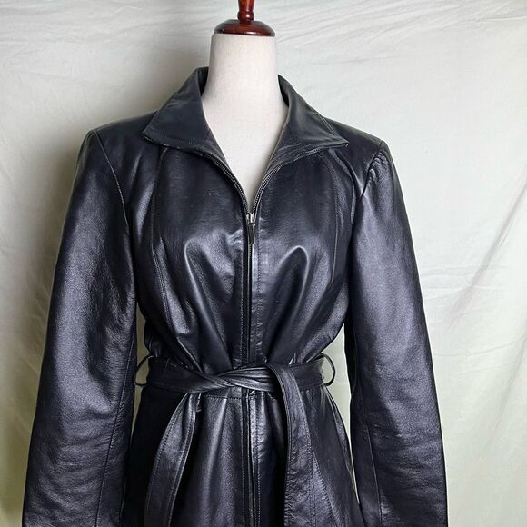 Worthington Belted Leather Jacket Zip Up Short Trench Black Y2K Vintage Medium - Picture 2 of 8
